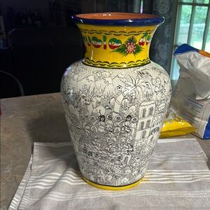 Unique Vintage Multicolor Ceramic Vase 14x9 mexico folk hand painted unique